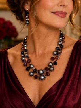 Trifari Crown Logo Glass Faceted Purple Beads Dark Gunmetal Dual Strand Necklace